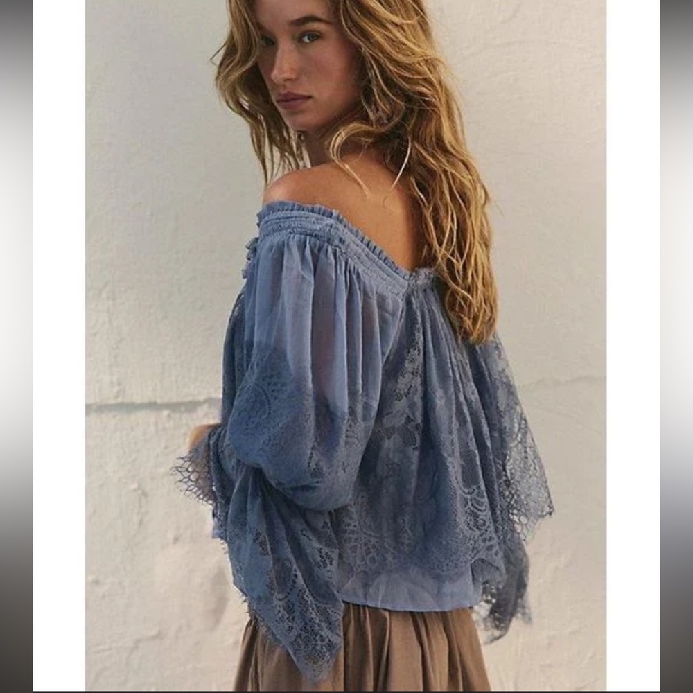 Free People Dusty Blue Lace Off-Shoulder Blouse